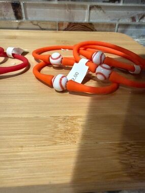 Silicone Baseball Bead stretch Bracelet Orange Band. Set of 4